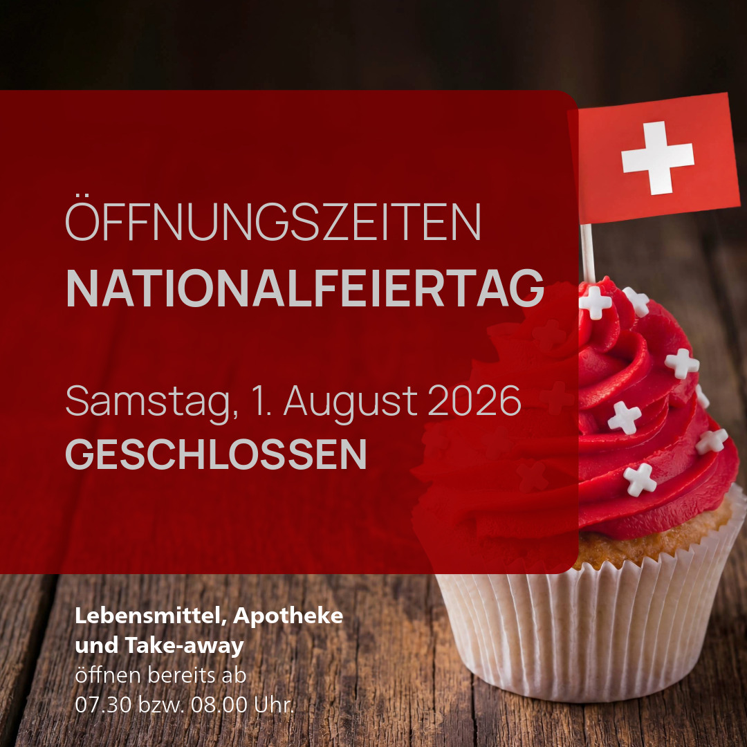 🇨🇭 Öffnungszeiten am 1. August 🇨🇭
Der Nationalfeiertag steht vor der Tür! 🎉 Bevor Ihr euren Feiertag geniesst, findet Ihr hier unsere Öffnungszeiten für den Freitag, 1. August.

Lebensmittelläden, Take-Away und Apotheke öffnen bereits ab 07:30 bzw. 08:00 Uhr.

Weitere Informationen findet Ihr auf unserer Website: https://saelipark.ch