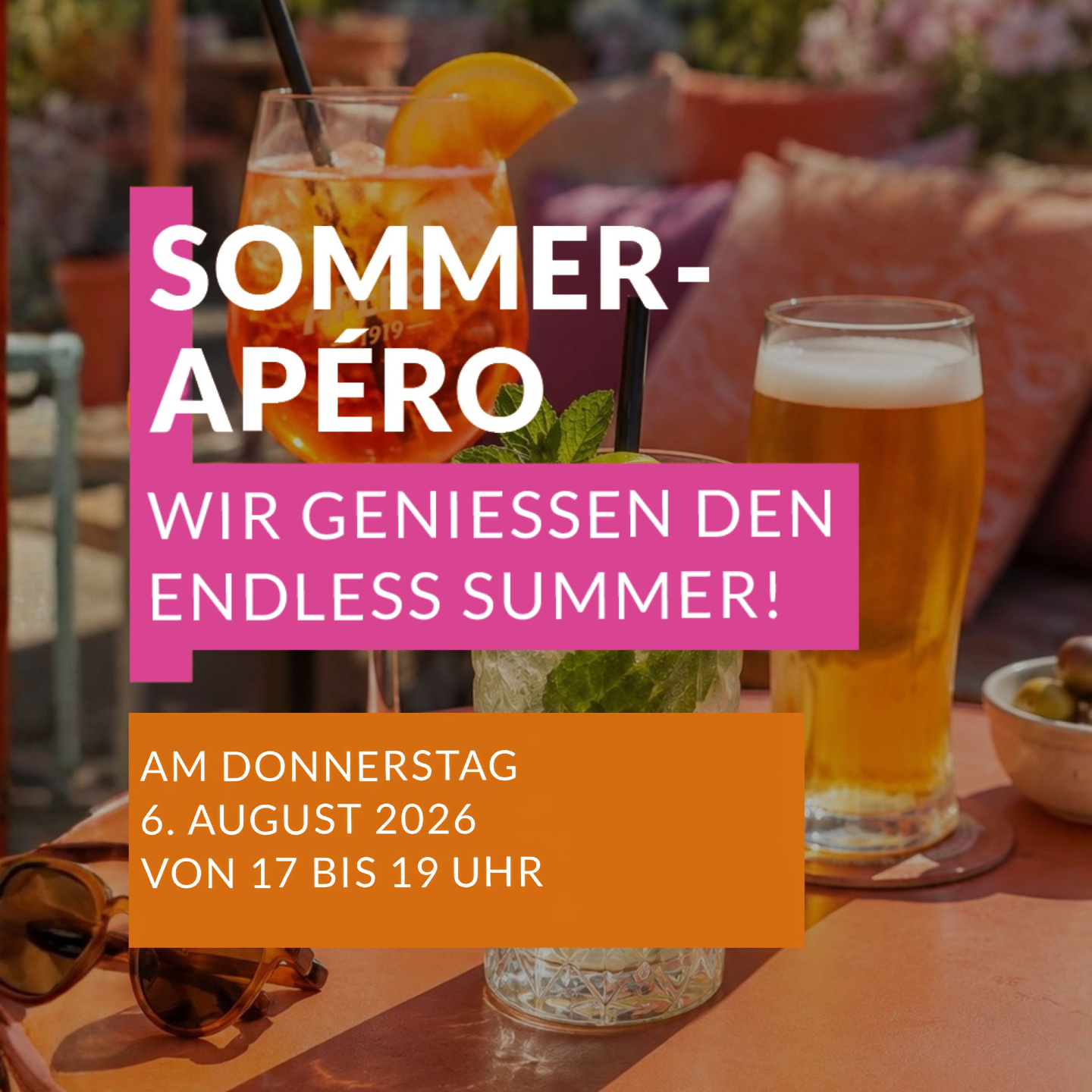 🍹Sommer-Apéro bei Bernheim 🍹
Der Sommer ist da und wir möchten die Gelegenheit nutzen, gemeinsam mit dir anzustossen!

Besuche uns am Donnerstag, 6. August, ab 16.00 Uhr in deiner Bernheim-Filiale und geniesse einen entspannten Sommer-Apéro in angenehmer Atmosphäre. Freue dich auf erfrischende Drinks wie Aperol Spritz, Hugo, Prosecco, Bier sowie alkoholfreie Alternativen und feine Häppchen.

Nutze die Gelegenheit für einen gemütlichen Austausch mit unserem Team, entdecke die neuesten Sommerlooks und lass dich inspirieren.
Ob auf der Dachterrasse, an der Bar oder vor unserem Geschäft – wir freuen uns darauf, mit dir einen genussvollen Sommernachmittag zu verbringen.

Komm vorbei, stosse mit uns an und geniesse einen besonderen Moment bei Bernheim.
Wir freuen uns auf deinen Besuch!
Dein Bernheim-Team