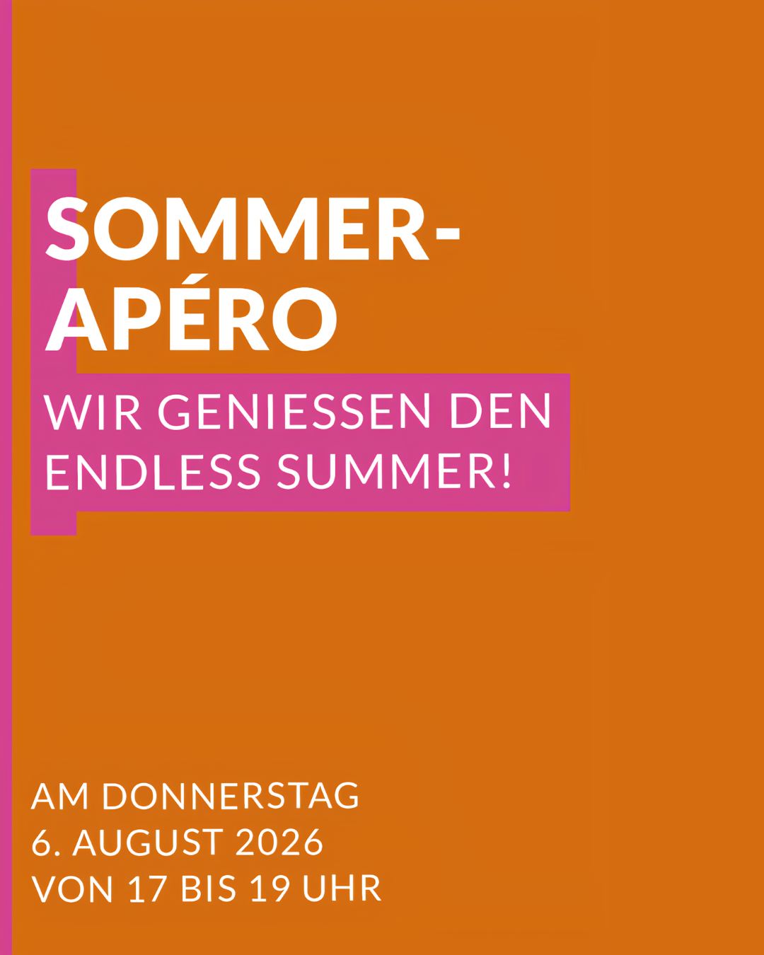 🍹Sommer-Apéro bei Bernheim 🍹
Der Sommer ist da und wir möchten die Gelegenheit nutzen, gemeinsam mit dir anzustossen!

Besuche uns am Donnerstag, 6. August, ab 16.00 Uhr in deiner Bernheim-Filiale und geniesse einen entspannten Sommer-Apéro in angenehmer Atmosphäre. Freue dich auf erfrischende Drinks wie Aperol Spritz, Hugo, Prosecco, Bier sowie alkoholfreie Alternativen und feine Häppchen.

Nutze die Gelegenheit für einen gemütlichen Austausch mit unserem Team, entdecke die neuesten Sommerlooks und lass dich inspirieren.
Ob auf der Dachterrasse, an der Bar oder vor unserem Geschäft – wir freuen uns darauf, mit dir einen genussvollen Sommernachmittag zu verbringen.

Komm vorbei, stosse mit uns an und geniesse einen besonderen Moment bei Bernheim.
Wir freuen uns auf deinen Besuch!
Dein Bernheim-Team